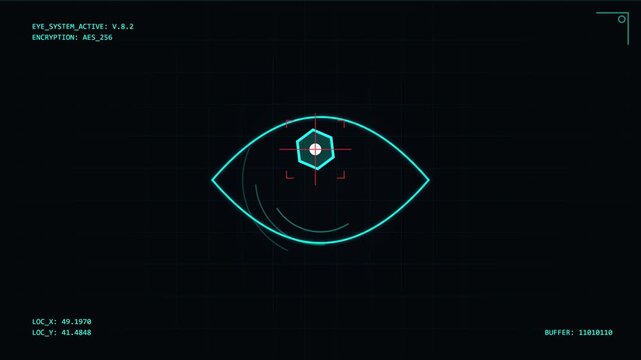 Futuristic robotic cyber eye with digital HUD interface and glowing blue iris, close up of bionic surveillance technology with data scanner overlays and mechanical parts on black background.