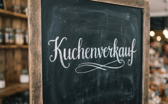 Kuchenverkauf auf Schiefertafel Schild B&auml;ckerei Konditorei Werbung Verkauf Geb&auml;ck S&uuml;&szlig;waren