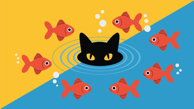 A black cats head peeking out of water surrounded by red goldfish in a yellow and blue background concept illustration