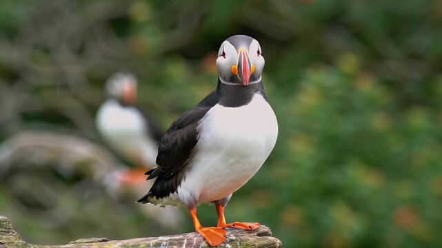 Atlantic puffin bird perched on driftwood with vibrant orange beak and black white plumage in natural habitat