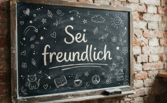 Sei freundlich Schultafel mit Kreide und Zeichnungen f&uuml;r positive Botschaften und Motivation