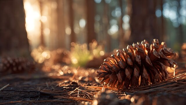 Golden Pine Cone on Forest Floor at Sunset with Sunlight and Bokeh