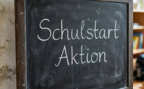 Schulstart Aktion - Tafel mit Kreidebeschriftung f&uuml;r den Schulanfang, Schult&uuml;te und Bildungsangebote f&uuml;r Kinder