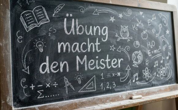 Uebung macht den Meister, Tafelbild mit Spruch, Schulkonzept zum Lernen und Bildung