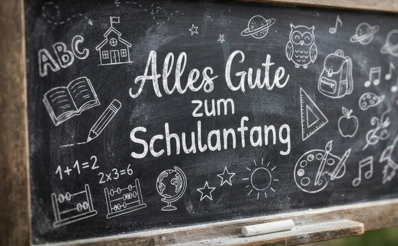 Alles Gute zum Schulanfang Schultafel Einschulung Schulbeginn Hintergrund mit Schullandkarte und Zeichenbedarf