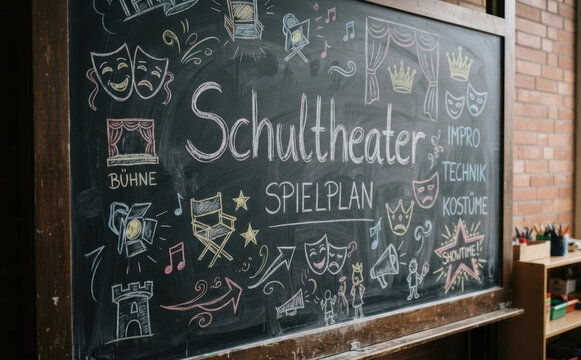 Schultheater Spielplan Tafelbild mit Zeichnungen f&uuml;r Schultheaterauff&uuml;hrungen und Schulfest