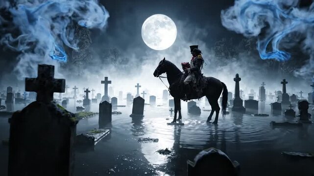 Eerie Rider on Horseback in Moonlit Cemetery with Blue Ghostly Wisps