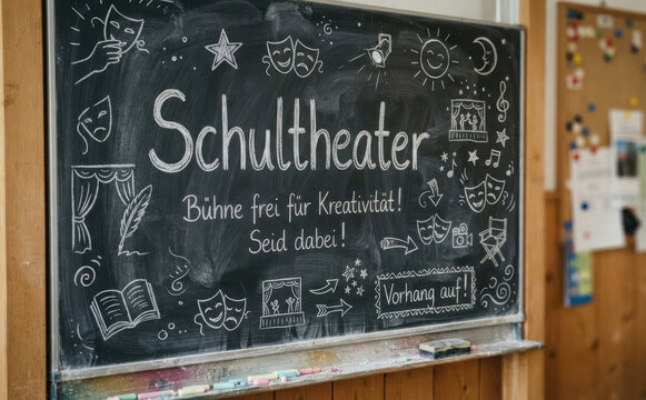 Schultheater Tafelzeichnung mit Aufschrift Buehne frei und Kreativitaet fuer Schultheater und Schulauffuehrungen