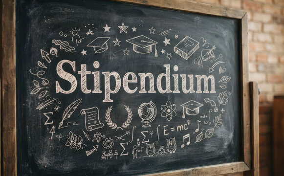 Stipendium auf Tafel geschrieben mit akademischen Symbolen und Bildungsmotive als Konzept f&uuml;r Studienbeihilfe