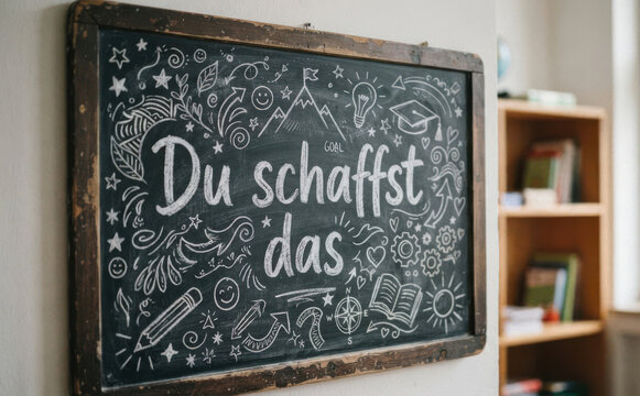 Du schaffst das Tafelbild mit Motivation und Erfolg als Spruch f&uuml;r Schule und Lernen