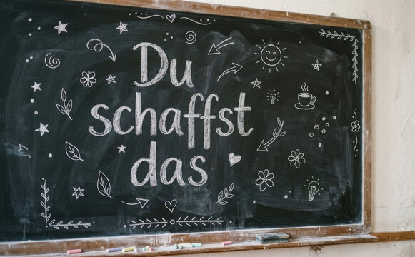 Du schaffst das - Motivation auf Schultafel geschrieben fur Inspiration und Erfolg im Alltag