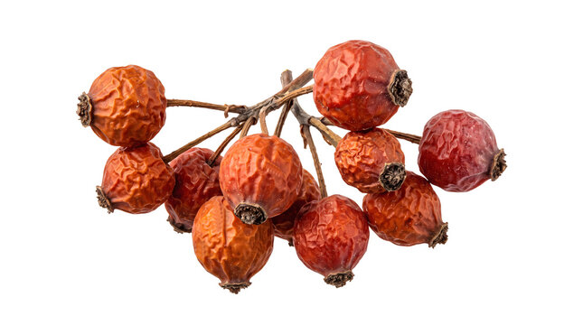 Cluster of wrinkled orange rosehip berries on dry brown stems isolated on transparent background for autumn harvest themes natural crafts and seasonal decor.
