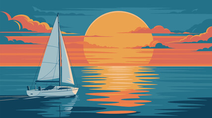 Fototapeta premium A sailboat navigates a calm sea at sunset, its white sails catching the warm, golden light of a large sun against a vibrant orange and teal sky