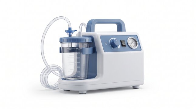 Portable medical suction machine with canister. Professional surgical aspirator device. Hospital vacuum pump for phlegm and mucus removal.