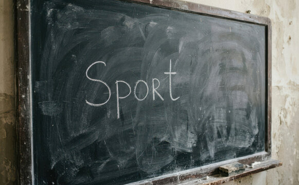 Sport an der Tafel geschrieben, Schultafel mit Kreide, Bildung und Schulsport Konzept