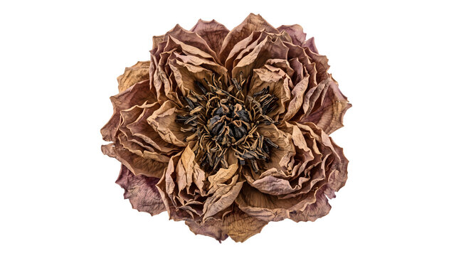 Dried rose head with brown layered petals isolated on transparent background for rustic autumn floral designs craft decorations and vintage aesthetic layouts.