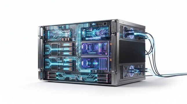 Futuristic supercomputer server with glowing blue circuits, high-tech data center hardware, advanced quantum computing mainframe