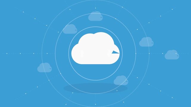 High-quality 4K animation of synchronized cloud computing icons and digital data transfer symbols, representing cloud storage and network connectivity on a clean background.
