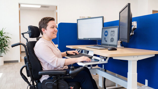Professional woman with disability using an advanced motorized wheelchair while typing on dual computer monitors inside a modern bright office environment.