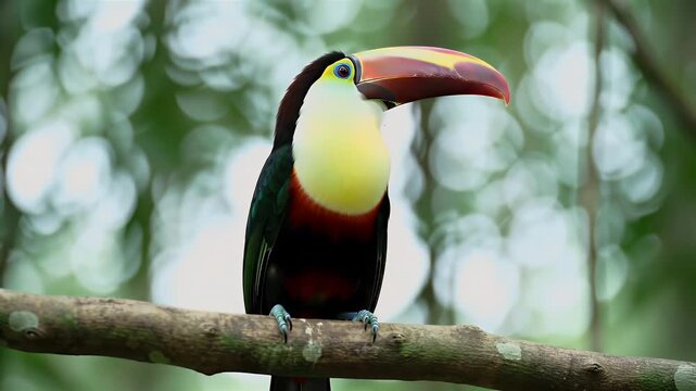 Vibrant toucan perched on branch in lush tropical rainforest with bright plumage and large beak