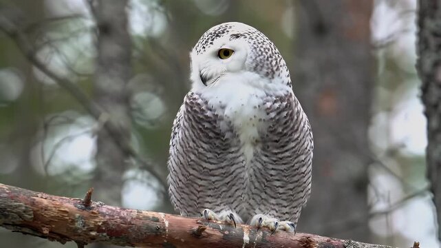 Close-up portrait of a majestic great grey owl perched on a pine branch in a snowy forest