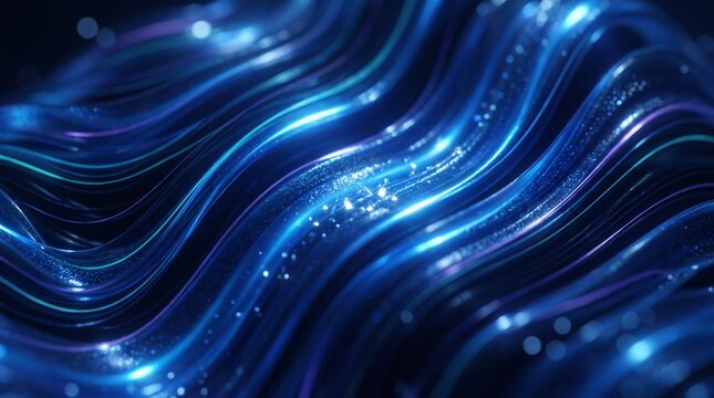 Abstract blue wavy lines with sparkling lights in dark background. It looks like underwater motion or fiber optic cable.