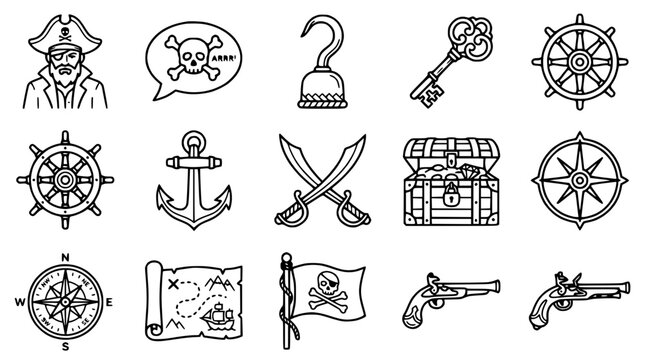 Pirate Icons Collection: Treasure Map, Skull, Ship Wheel, Compass, Pistol