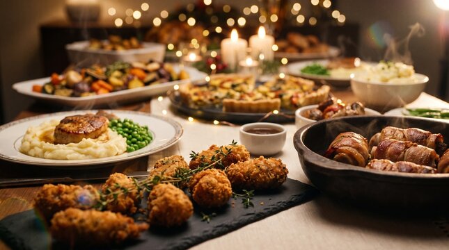 A festive holiday feast with a beautifully laid table full of delicious food, including roast meat, vegetables, pies, and mashed potatoes. The background is softly lit by fairy lights and candles.