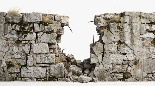 A broken stone wall with visible rebar and grass growing through the cracks, showing signs of decay and disrepair