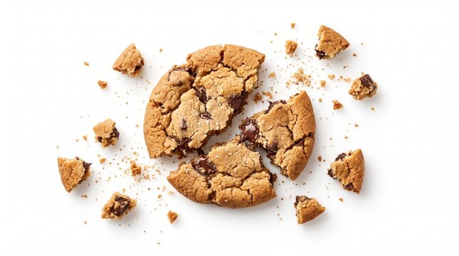A delicious chocolate chip cookie broken into pieces with crumbs scattered around it