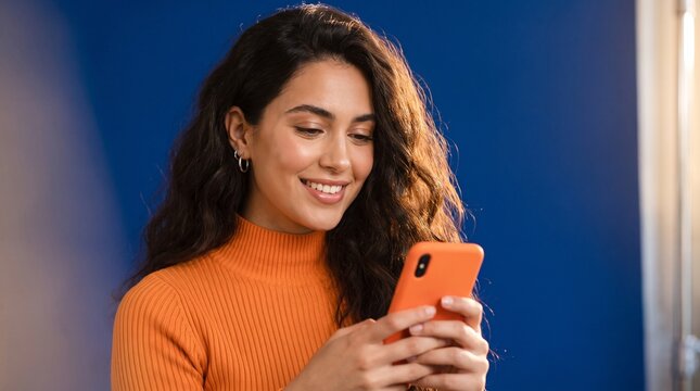A young woman with long, curly dark hair, wearing an orange turtleneck and smiling as she looks at her smartphone. The background is a vibrant blue.