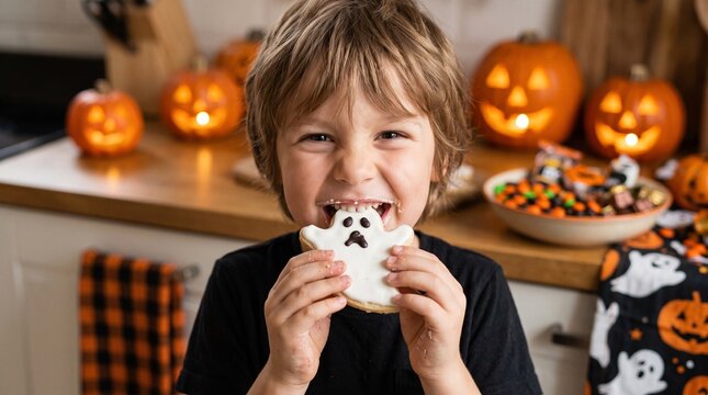 Happy Child Tasting Halloween Ghost Cookie in Festive Kitchen