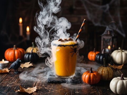 Halloween Pumpkin Smoothie with Dry Ice and Candles