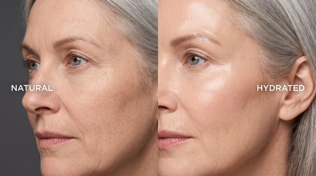 Side-by-side comparison showing the difference between natural aging skin and hydrated skin, highlighting improved texture and glow.