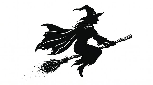Silhouette of a witch flying on a broomstick at night, with a full moon in the background