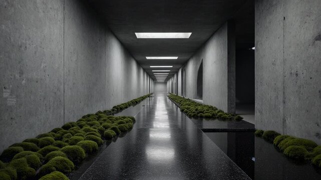 Long Corridor Of Concrete Hallway With Green Plants.