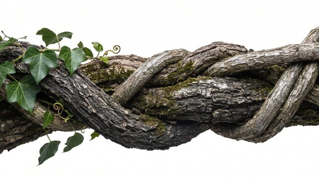Close up shot of tangled vines and tree bark, showcasing organic texture and earthy tones