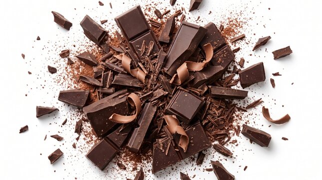 A pile of dark chocolate bars, broken into pieces and sprinkled with chocolate shavings. The rich, decadent treat is scattered on a white surface, creating a delicious and tempting display