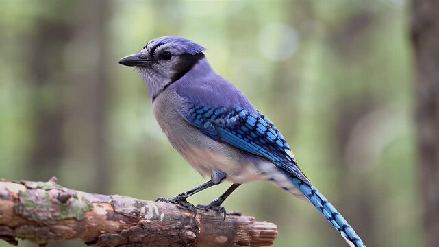 Blue jay bird singing perched on weathered wooden log in natural forest setting