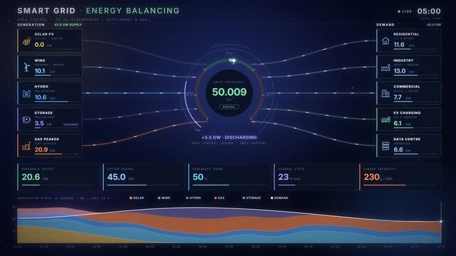 Smart grid energy balancing dashboard with renewable generation and power demand data