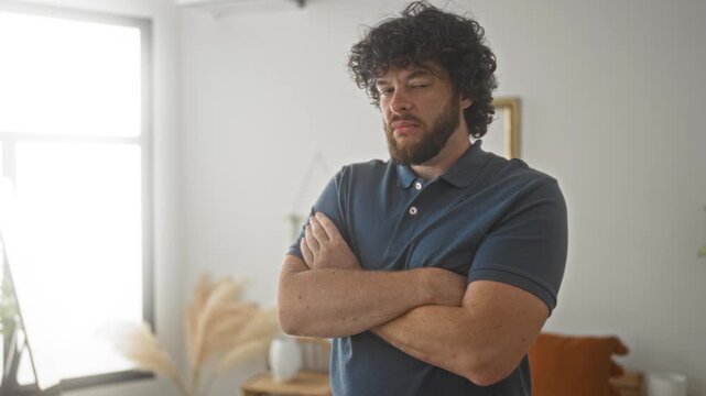 Man with crossed arms showing bare forearms and beard, wearing a blue polo and curly hair, standing in a bright studio apartment by a window with hanging plant and pampas grass; defiance.