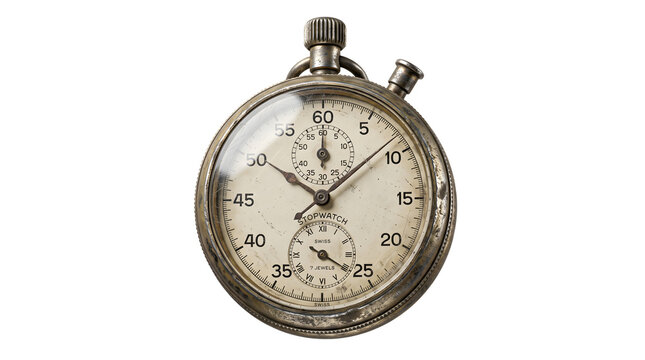 Classic mechanical pocket stopwatch featuring weathered metallic case and dual subdial display serves as precision chronometer for timing events and sport tests.