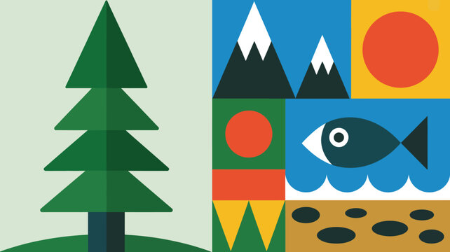 Minimalist geometric landscape vector illustration featuring a stylized pine tree, mountains, sun, fish, and abstract shapes in vibrant colors