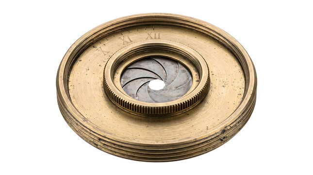 Vintage brass camera aperture iris diaphragm control ring with roman numerals and internal mechanical blades used for controlling light exposure in photography.