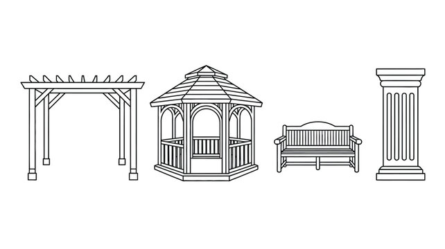 Garden architecture and outdoor furniture outline vector icon set with pergola and gazebo