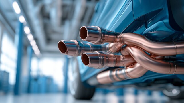 Close-up of shiny metallic car exhaust pipe with blue vehicle undercarriage
