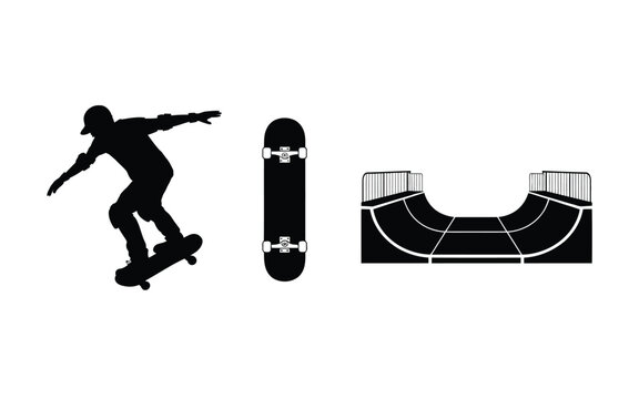 Skateboarder jumping on skateboard and halfpipe ramp vector icon set for extreme sports