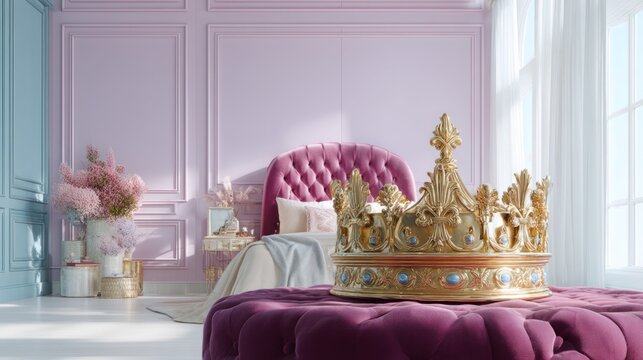 Luxurious golden crown resting on plush purple velvet ottoman in elegant bedroom