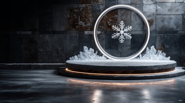 Abstract winter snowflake symbol in cold dark modern icy environment