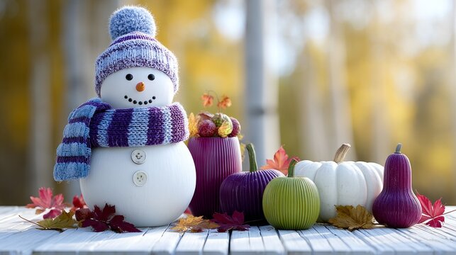 Cute snowman dressed in winter hat scarf with seasonal pumpkin and leaf decor on wood